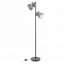 Vintage Stehleuchte im Industrie-Stil aus Stahl und Holz in Silber-Schwarz 2xE27