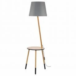 famlights | Stehleuchte Collin aus Holz und Stoff in Grau 1xE27