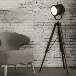 famlights | Stehleuchte Miriam aus Holz und Metall in Schwarz im Vintage Stil E27